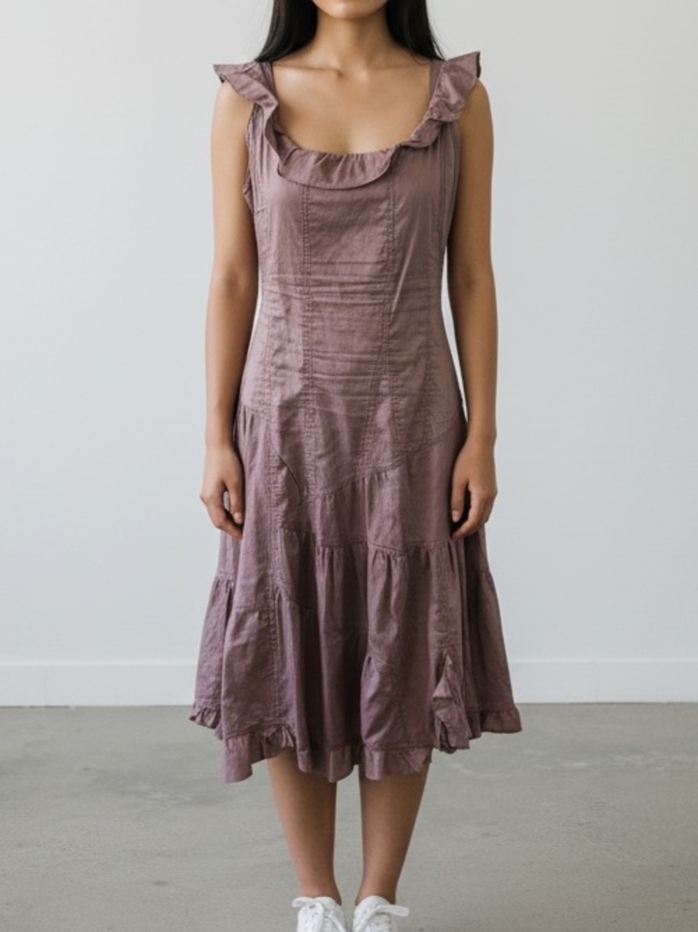 COTÉLAC Ruffled Square-Neck Midi Dress in Dusty Brown